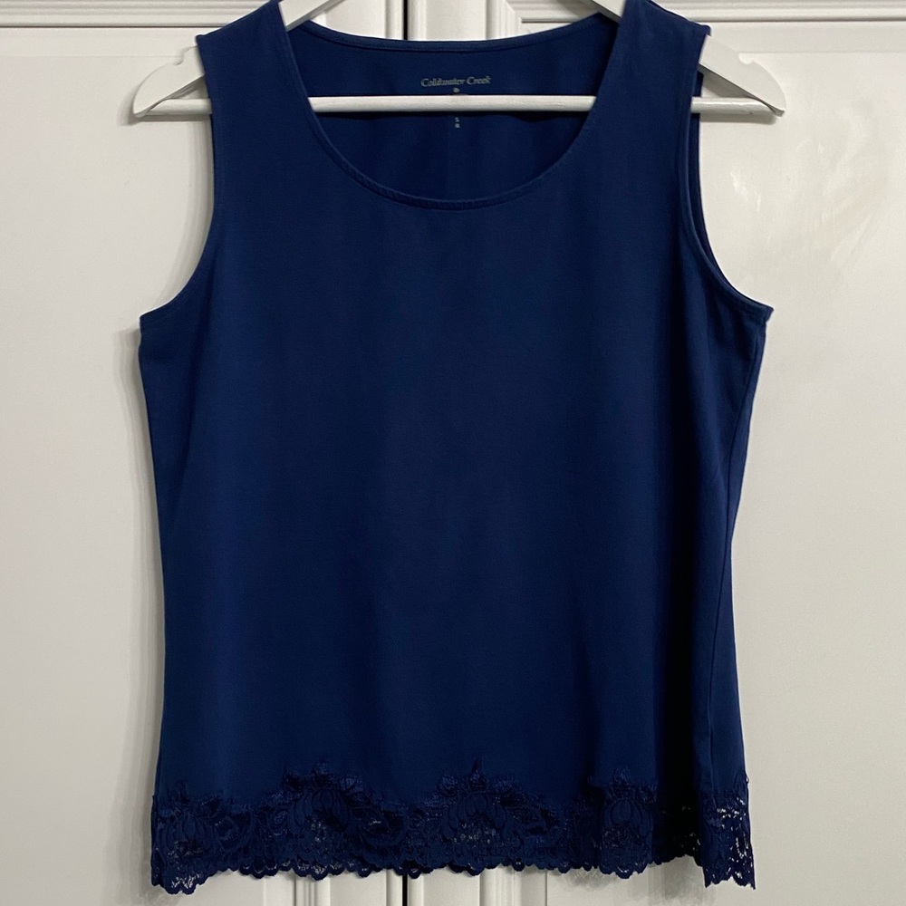 Coldwater Creek Women’s Sz Small Navy Sleeveless Scoop Neck Tank Top with Lace
